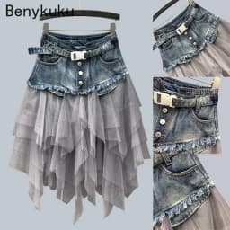 Punk Women Denim Jeans Mesh Patchwork Lace Skirt High Waist A Line Asymmetric Frill Tulle Pleated Midi Y2K Gothic Chic Skirts