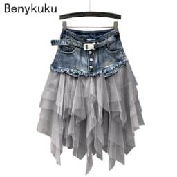Punk Women Denim Jeans Mesh Patchwork Lace Skirt High Waist A Line Asymmetric Frill Tulle Pleated Midi Y2K Gothic Chic Skirts