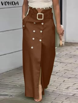 VONDA Women Solid Color Long Skirts 2025 Casual Waistband Button Design Slit Overskirts Elegant Office Lady Bottoms Oversized