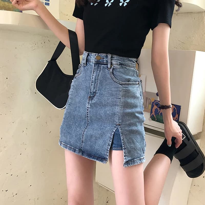 High Waist A-Line Skirt Slit Design Denim Short Skirt Women's Spring Autumn plus Size Slimming Split Half-length Skirt