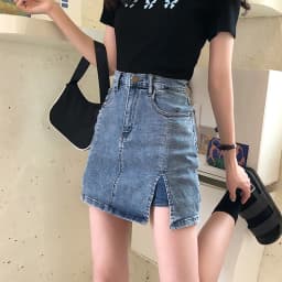 High Waist A-Line Skirt Slit Design Denim Short Skirt Women's Spring Autumn plus Size Slimming Split Half-length Skirt
