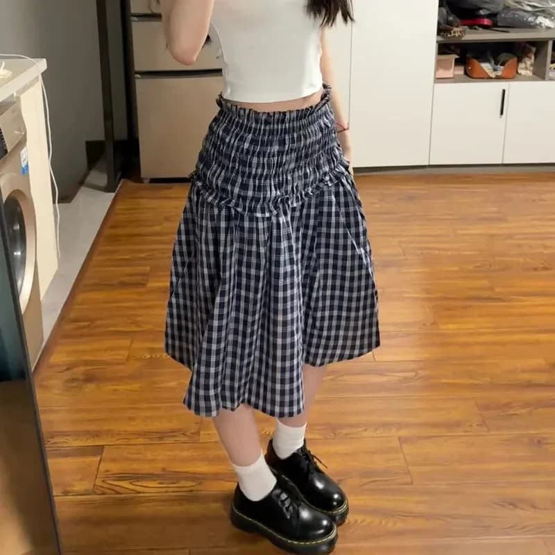 2026 Women Knee Length 2000s Summer Korean High Waist A Line Skirts Harajuku Aesthetic Patchwork Vintage Plaid Print Mini Skirt