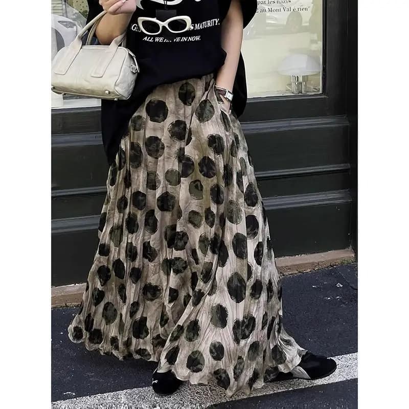 Trendy Vintage Polka Dot Print Maxi Skirt Women High Waist Long Skirt Design Spring Summer Clothes Loose Harajuku Y2k Skirts New