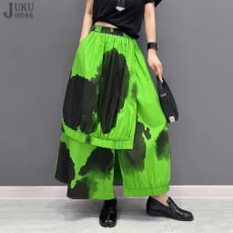 Painted Fashion New Japanese Style Woman Loose Fit Tide Long Green Black Vintage Printed Skirt Casual Streetwear Skirt JJSK076