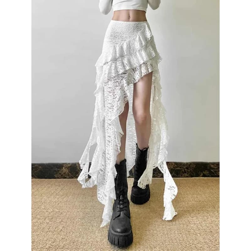 White Sweet Design Lace Patchwork Ruffle High Waisted Y2k Skirt Women Summer Irregular Skirt Long Skirts Harajuku Goth Clothes