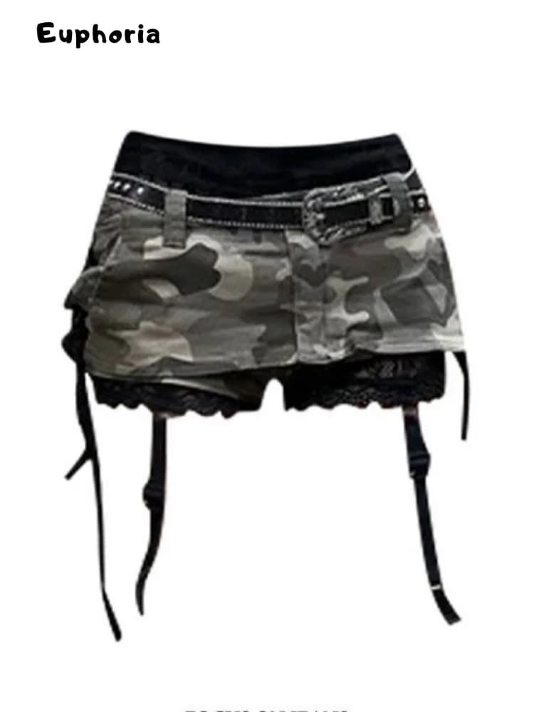 Euphoria American Y2k Mini Skirt With Lace Women Gothic Punk Camouflage Denim Skirt Streetwear Summer Harajuku Retro Spicy Y2k