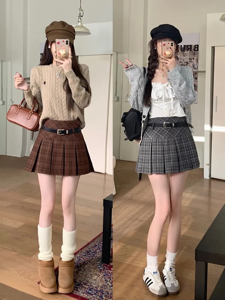 Korean style Winter Woolen Kawaii Mini Skirts Women Fashion Y2K Streetwear Tartan Pleated Plaid Skirt High Waist A-Line Skirt