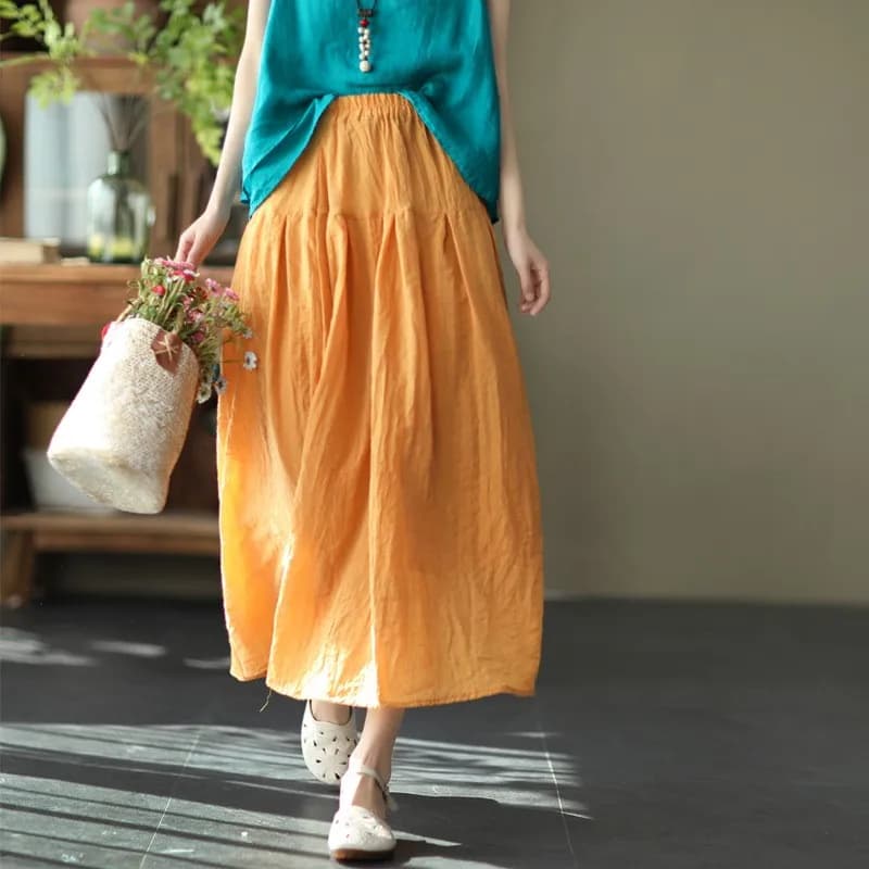 Johnature Women Vintage Cotton Linen Skirts Elastic Waist Solid Color Loose Casual Cloths 2025 Summer New Patchwork Skirts