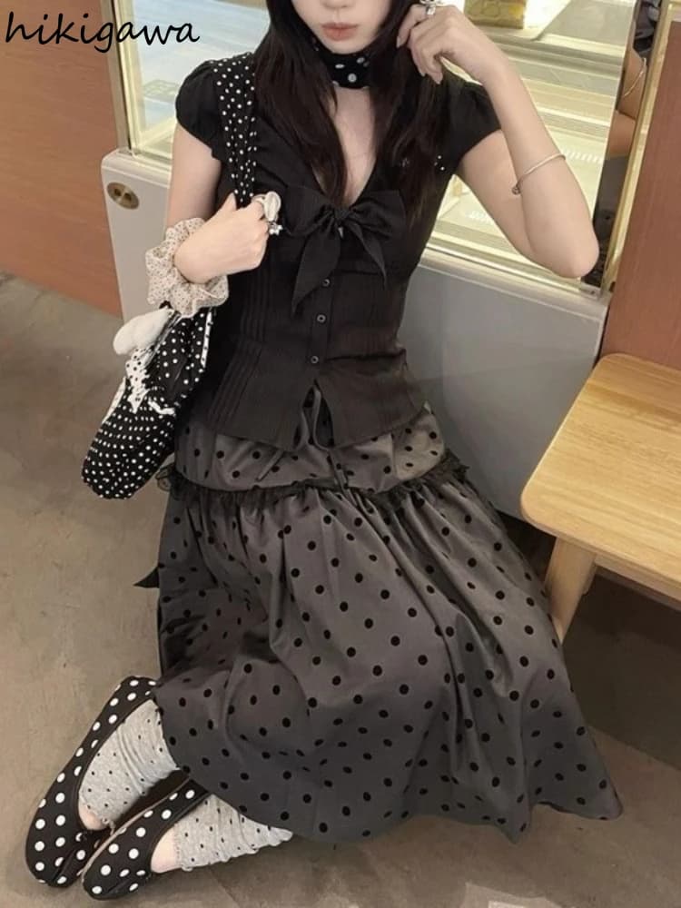 Vintage Women Skirt High Waist Patchwork Lace Loose Jupe Chic Polka Dot Saia Japanese Summer Skirts 2025 Faldas Mujer De Moda