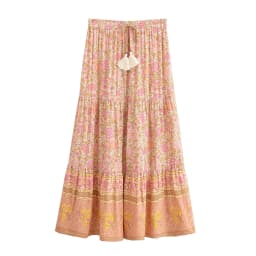 Boho Queens Vintage Women Pink Floral High Elastic Waist Vacation Beach Bohemian Skirt Ladies Maxi A-Line Boho Skirts