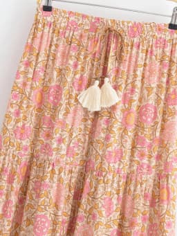 Boho Queens Vintage Women Pink Floral High Elastic Waist Vacation Beach Bohemian Skirt Ladies Maxi A-Line Boho Skirts