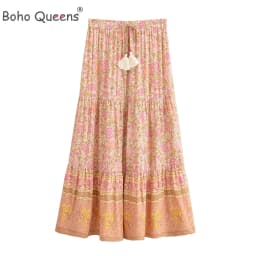 Boho Queens Vintage Women Pink Floral High Elastic Waist Vacation Beach Bohemian Skirt Ladies Maxi A-Line Boho Skirts