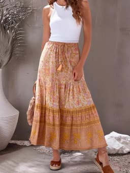 Boho Queens Vintage Women Pink Floral High Elastic Waist Vacation Beach Bohemian Skirt Ladies Maxi A-Line Boho Skirts