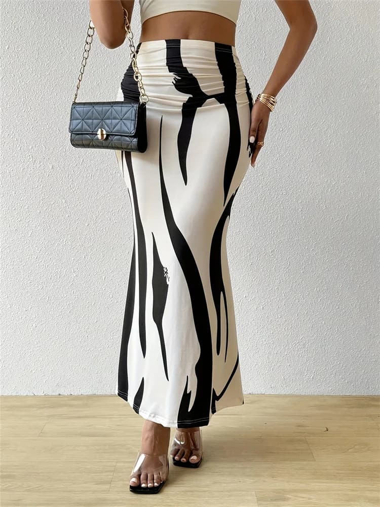 Women's Summer Bodycon Long Skirt Casual High Waist Zebra Print Slim Fit Skirt Elegant Fishtail Skirt