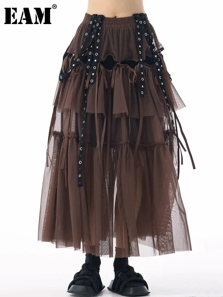 [EAM] High Elastic Waist Coffee Mesh Perspective Ribbon Strap Half-body Skirt Women Fashion Tide New Spring Autumn 2026 1DJ5044