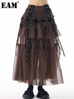 [EAM] High Elastic Waist Coffee Mesh Perspective Ribbon Strap Half-body Skirt Women Fashion Tide New Spring Autumn 2026 1DJ5044