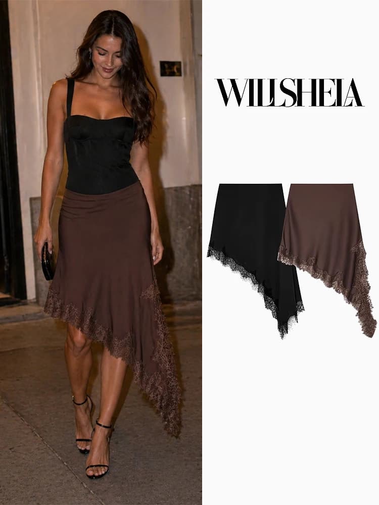 Willshela Women Fashion Solid Lace Hem Asymmetrical Mini Skirt Vintage High Elastic Waist Female Chic Lady Skirts