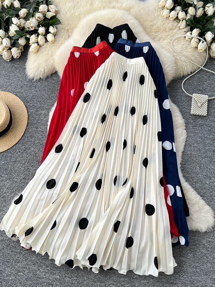 Elegant Retro Polka Dot Pleated High Waist A-Line Skirt Women's Commute Long Dress Slimming Pleat Drapey Feel Half Skirt
