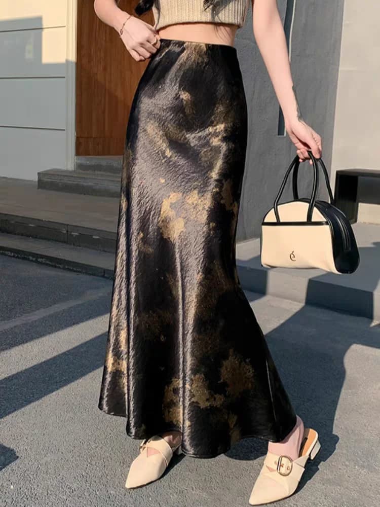 Tie-dye Satin Mermaid Skirt: High Waist Flowy Drape Bodycon Midaxi Skirts For Women Slimming & Hip Covering