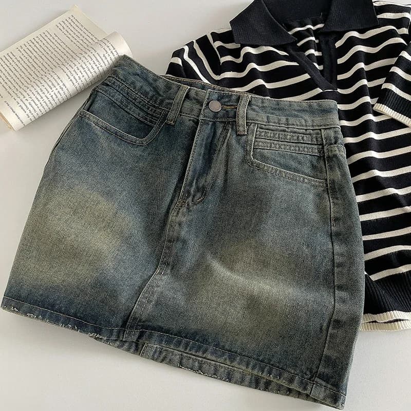2024 New Retro Dark A Word Denim Short Skirt High Wiast Denim Mini Skirt Women Sexy Tight Bag Hip Skirts Korean Fashion Clothing