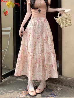 Zoki Cute Floral Long Skirts Women Elegant High Waist Retro Sweet Skirt Japan Casual Loose All Match Spring Summer Kawaii Skirt