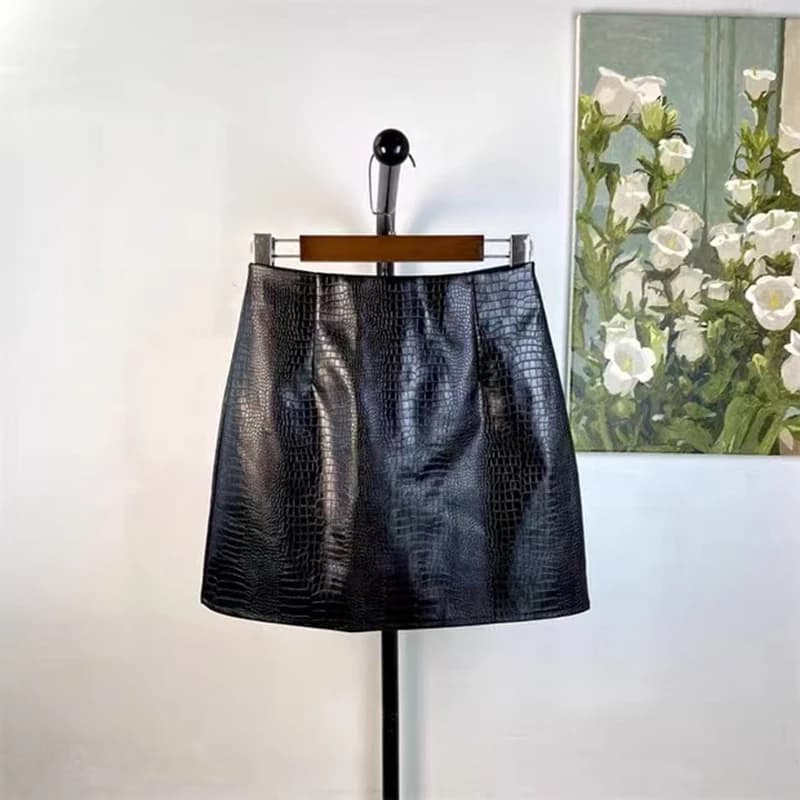Crocodile Pattern Pu Leather Skirts Women Korean High Waist Tie Dye Mini Skirts Y2K Vintage Streetwear All Match A Line Skirts