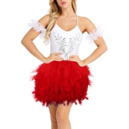 Women White Skirt Puffy Feather High Waist Performance Stage Dancing Costumes Women Skirt Irregular Elastic A-Line Skirt