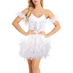 Women White Skirt Puffy Feather High Waist Performance Stage Dancing Costumes Women Skirt Irregular Elastic A-Line Skirt