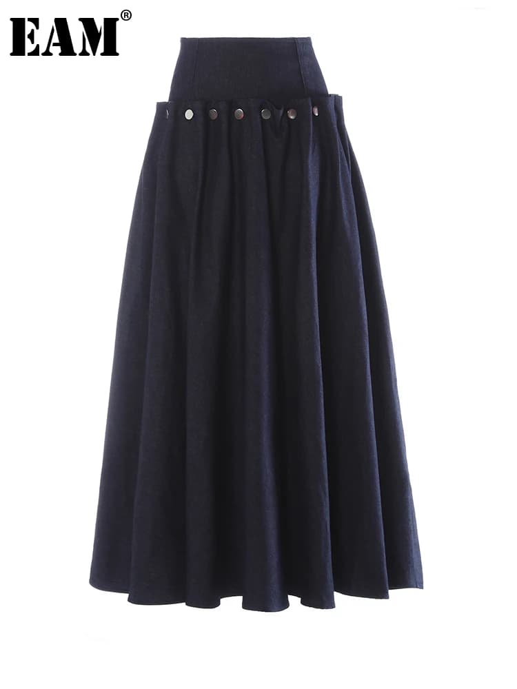 [EAM] High Waist Navy Blue Button Pleated Elegant A-line Half-body Skirt Women Fashion Tide New Spring Autumn 2026 1DJ4551