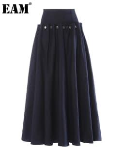 [EAM] High Waist Navy Blue Button Pleated Elegant A-line Half-body Skirt Women Fashion Tide New Spring Autumn 2026 1DJ4551