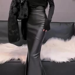 Elegant High Waist PU Leather Skirt Women's Autumn Winter New Style Fish Tail Skirt Age Reduction Street Style Fashion