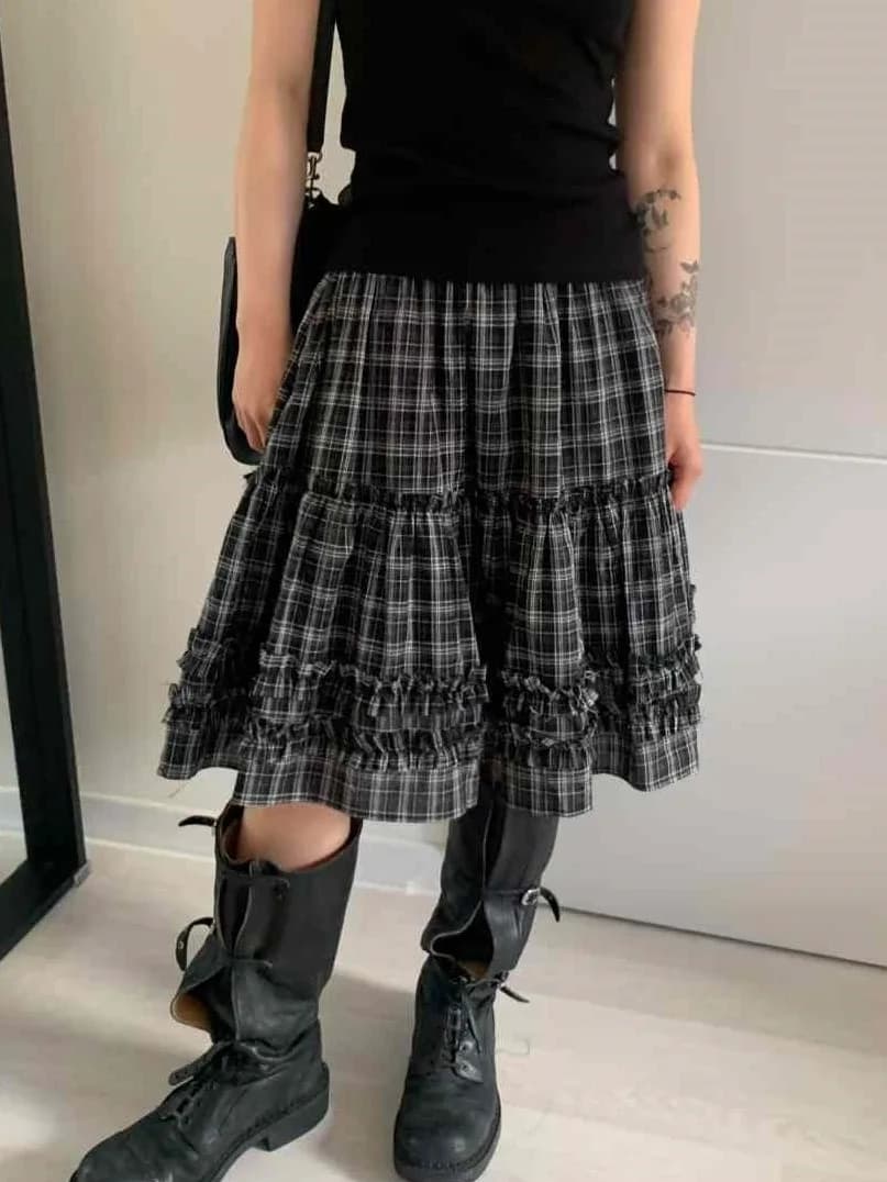 Retro Plaid Half Skirt Women's Summer Elastic Waist Slimming Grommet Hem Small Size Word Skirts Commute Style Regular Fit