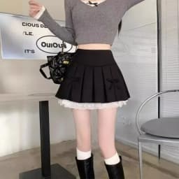 Korean Fashion Sweet High Waist College Pleated Skirt for Womenn Lace Preppy Bow Skirt Female A-line Pleated Skirt Y2k
