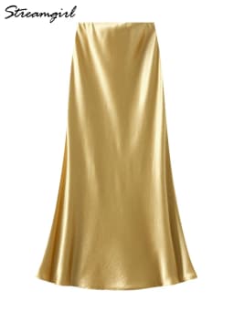 Streamgirl Pink Silk Skirts For Women Midi Light Blue Skirt Satin High Quality Luxury Satin Yellow Skirt Bodycon Women Office
