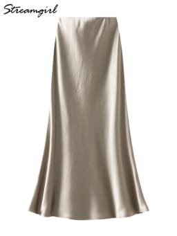 Streamgirl Pink Silk Skirts For Women Midi Light Blue Skirt Satin High Quality Luxury Satin Yellow Skirt Bodycon Women Office