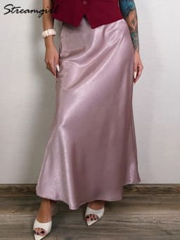 Streamgirl Pink Silk Skirts For Women Midi Light Blue Skirt Satin High Quality Luxury Satin Yellow Skirt Bodycon Women Office