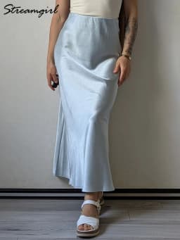 Streamgirl Pink Silk Skirts For Women Midi Light Blue Skirt Satin High Quality Luxury Satin Yellow Skirt Bodycon Women Office