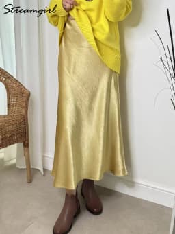 Streamgirl Pink Silk Skirts For Women Midi Light Blue Skirt Satin High Quality Luxury Satin Yellow Skirt Bodycon Women Office