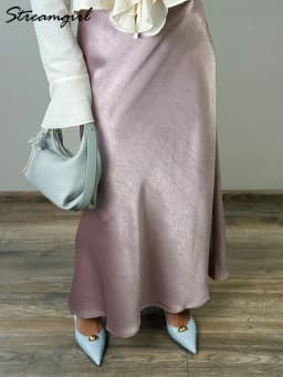 Streamgirl Pink Silk Skirts For Women Midi Light Blue Skirt Satin High Quality Luxury Satin Yellow Skirt Bodycon Women Office
