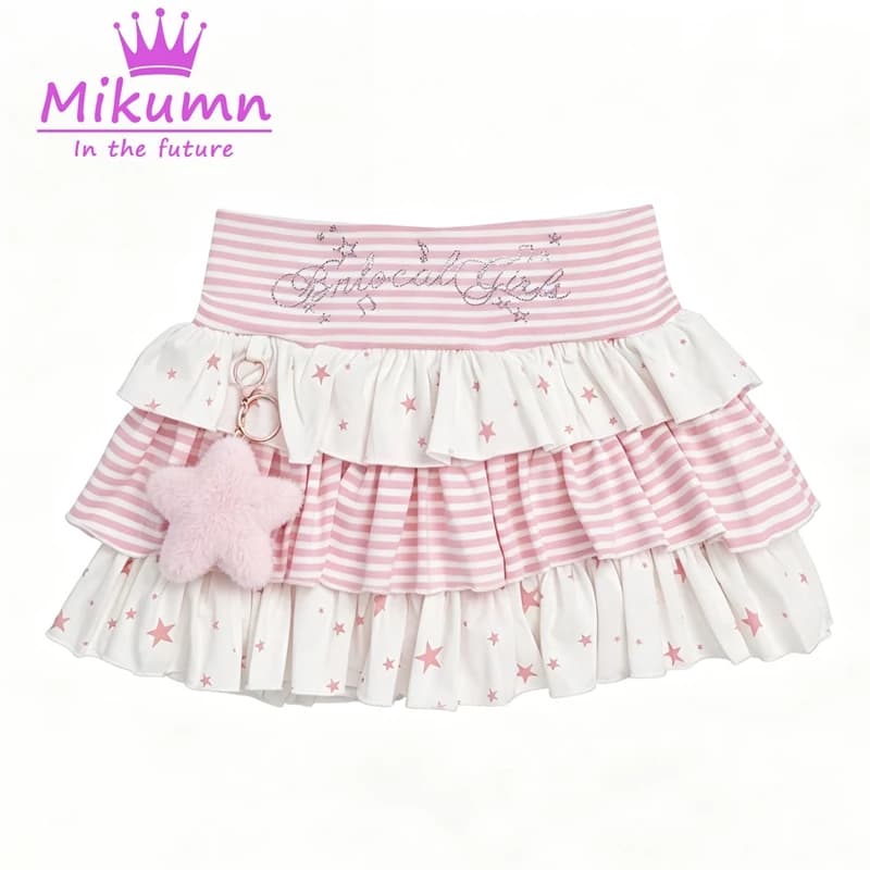Mikumn Japanese Style Lolita Mini Skirts Women Gothic Stars Striped Patchwork Cake Skirt Y2k Punk Girls Kawaii Skirts Streetwear