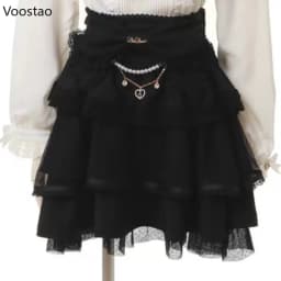 Japanese Sweet Lolita Style Mini Skirt Women Elegant Bow Pearl Chain Party Cake Skirts Female Gothic Y2k Lace Ruffle Short Skirt