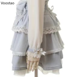 Japanese Sweet Lolita Style Mini Skirt Women Elegant Bow Pearl Chain Party Cake Skirts Female Gothic Y2k Lace Ruffle Short Skirt