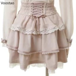 Japanese Sweet Lolita Style Mini Skirt Women Elegant Bow Pearl Chain Party Cake Skirts Female Gothic Y2k Lace Ruffle Short Skirt