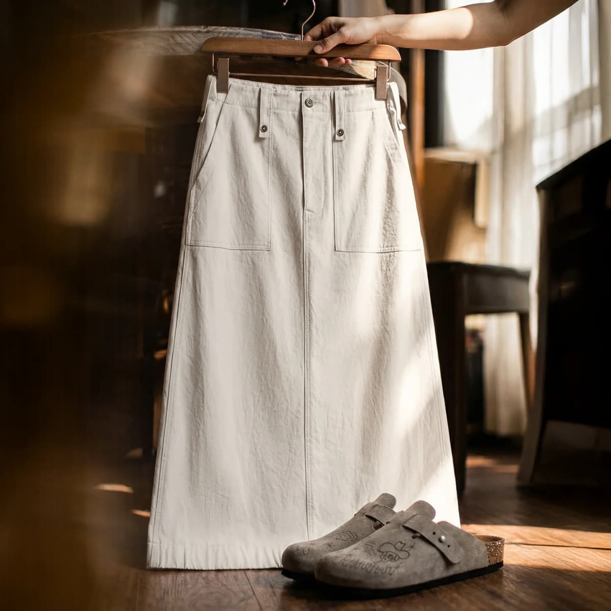 Maden Women's Cargo Skirt A Line Midi Back Slit High Waist Vintage Off White Casual Zipper Skirt for Spring Summer