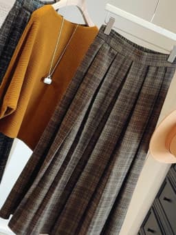 High Waist A-Line Midi Skirt Women's Checkered Woolen Plaid Pleated Autumn Winter Fashion College Style Warm Casual Skirt