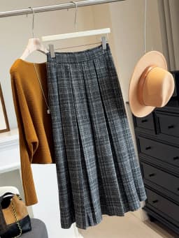 High Waist A-Line Midi Skirt Women's Checkered Woolen Plaid Pleated Autumn Winter Fashion College Style Warm Casual Skirt