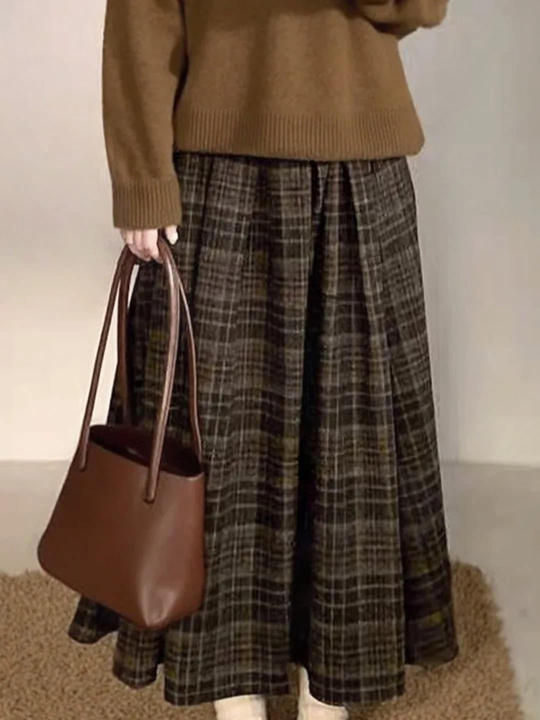 High Waist A-Line Midi Skirt Women's Checkered Woolen Plaid Pleated Autumn Winter Fashion College Style Warm Casual Skirt