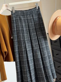 High Waist A-Line Midi Skirt Women's Checkered Woolen Plaid Pleated Autumn Winter Fashion College Style Warm Casual Skirt