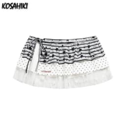 Harajuku Stripe Patchwork Grunge Skirts Women Y2k Aesthetic High Waist Cake Mini Skirt Streetwear Vintage Bandage Kawaii Jupe