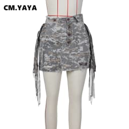 CM.YAYA Fashion Camouflage Women Tassel Splicing Side Pocket Front Button Front High Waist A-line Midi Skirt 2023 Street Skirts